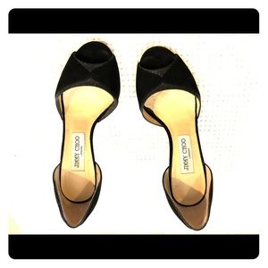 Jimmy Choo black suede/sparkle peep toe heels
